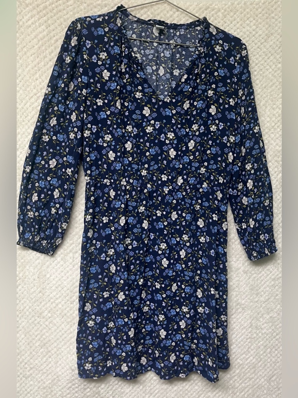 Old Navy Mini Dress Blue Floral A-Line 3/4 Sleeves Navy Blue White Womens Large